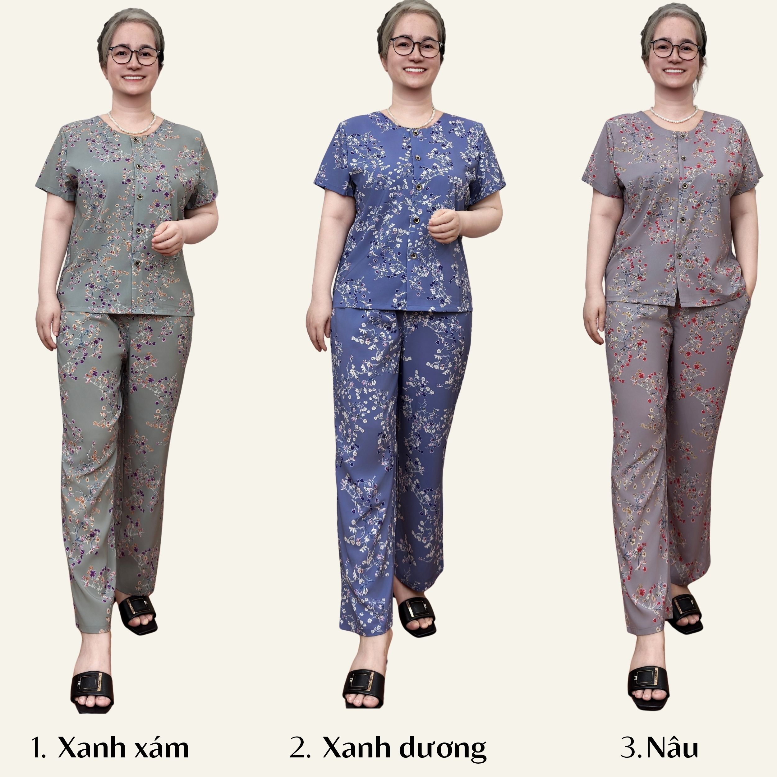Đồ bộ trung niên nữ, bộ lụa người già cài cúc mềm mát không nhăn tặng mẹ tặng bà đi chơi, đi dạo,... ms910
