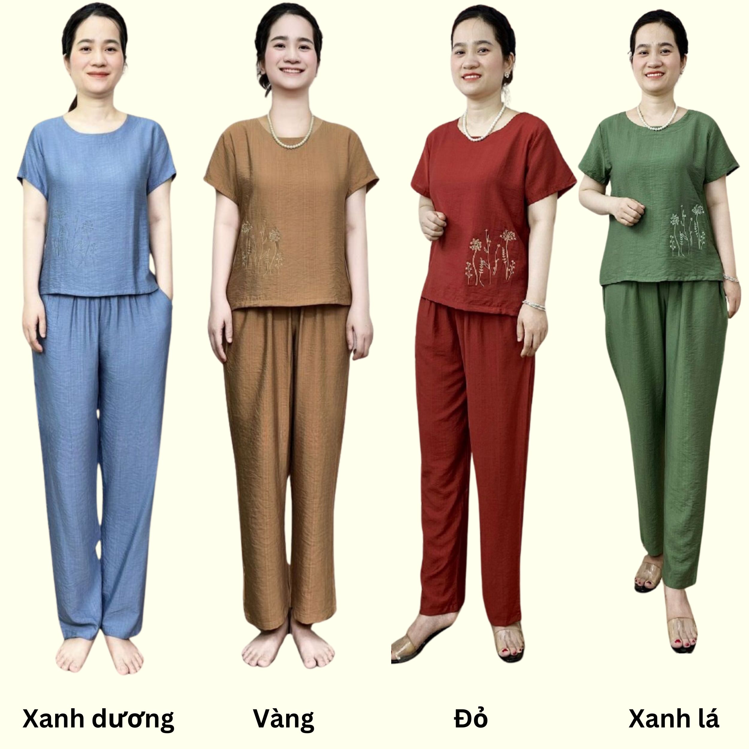 Đồ bộ trung niên cho mẹ mặc nhà hoặc đi chơi, họa tiết thêu, quần dài chất đũi cực mát ms494