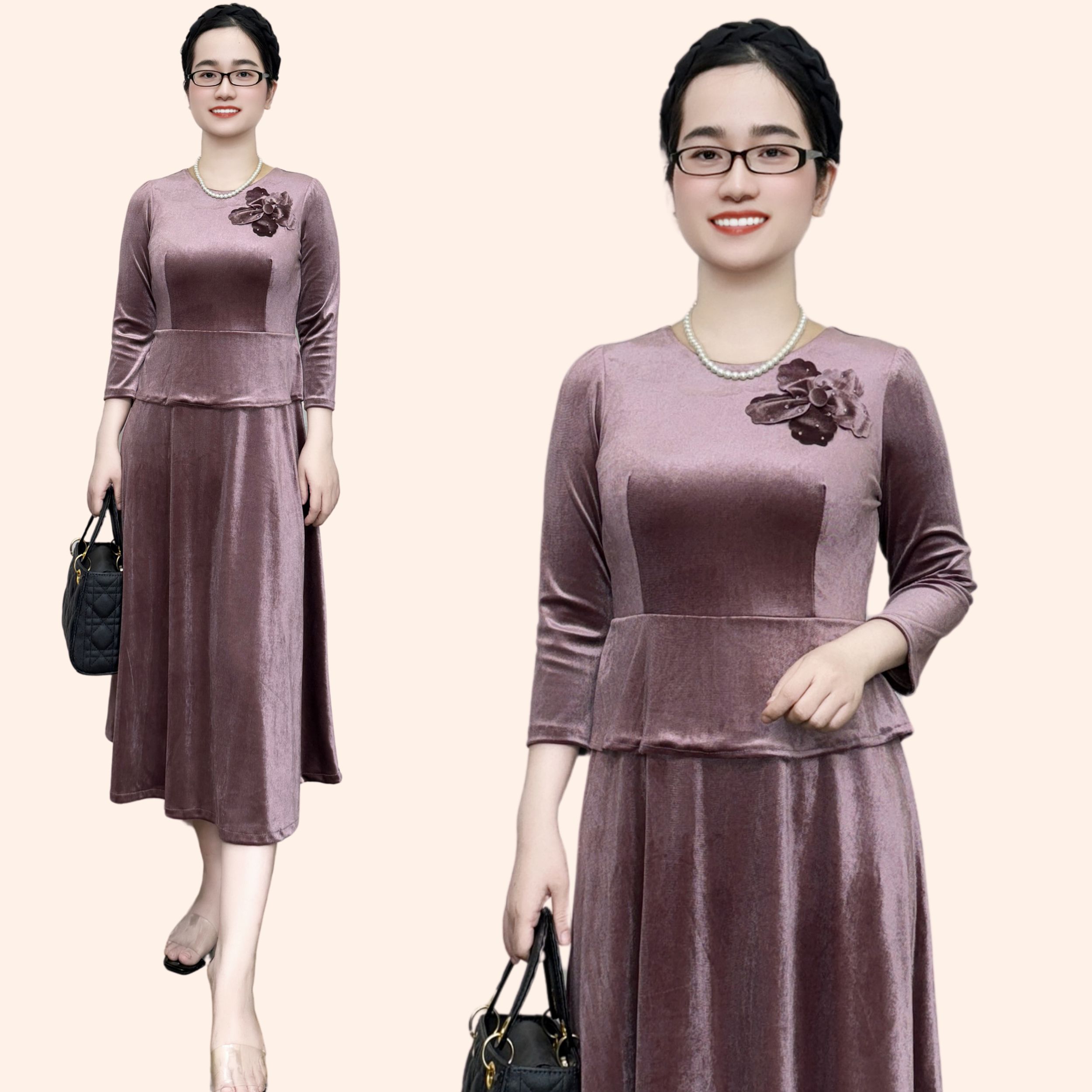 Đầm nhung trung niên cho mẹ, đầm nhung mềm mại cho mẹ mặc ở nhà hay đi chơi ms630
