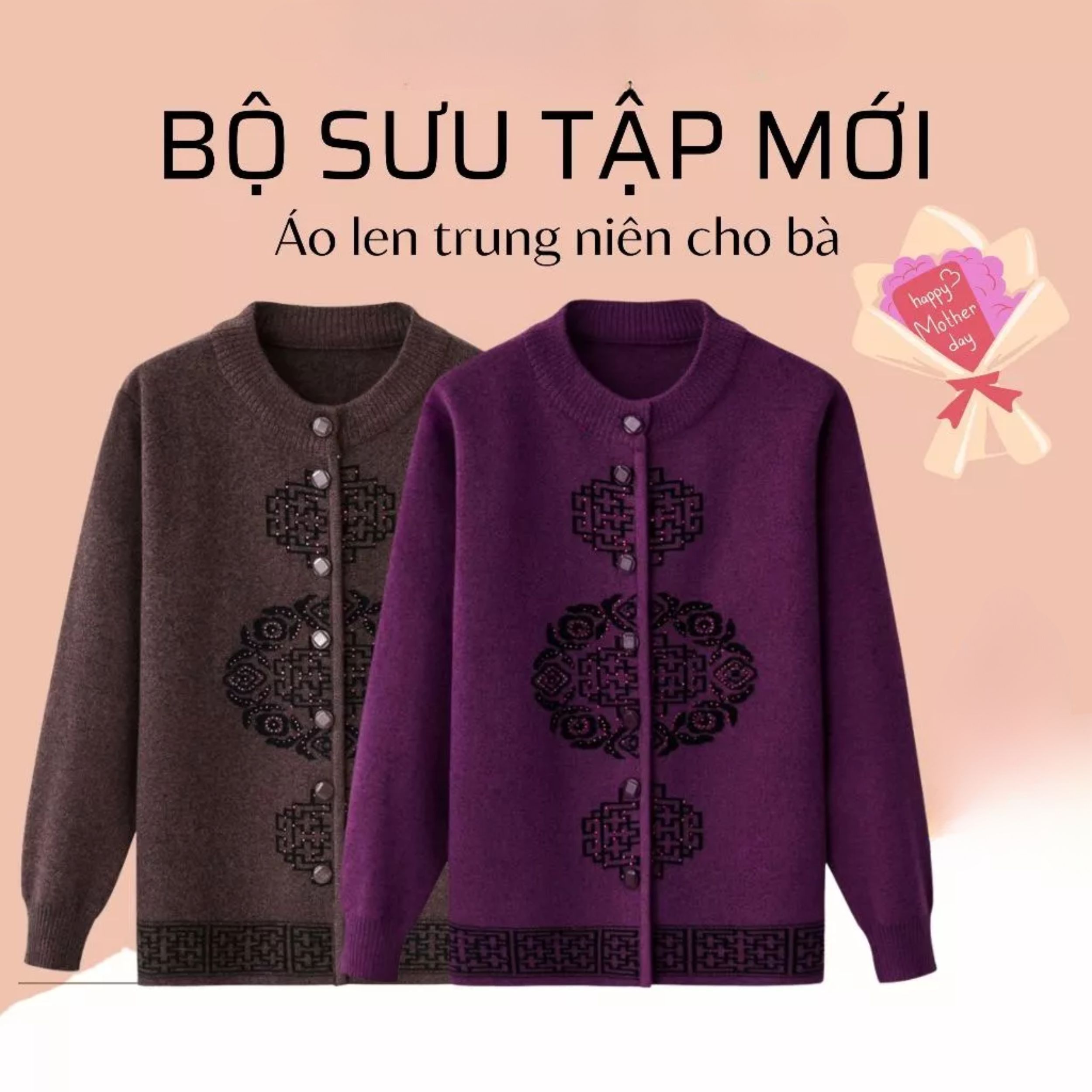 Áo len cài cúc cho người già hoặc len kéo khóa cao cấp cực hot tặng mẹ len vuông