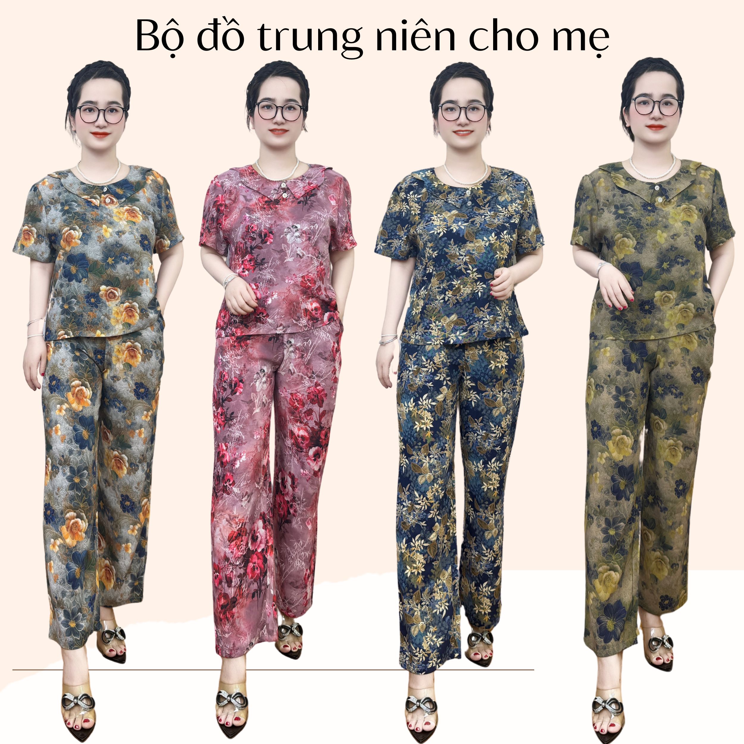 Đồ bộ trung niên cho mẹ Sula cao cấp, đồ bộ mặc nhà đũi và lụa cho mẹ mềm mát không nhăn ms760