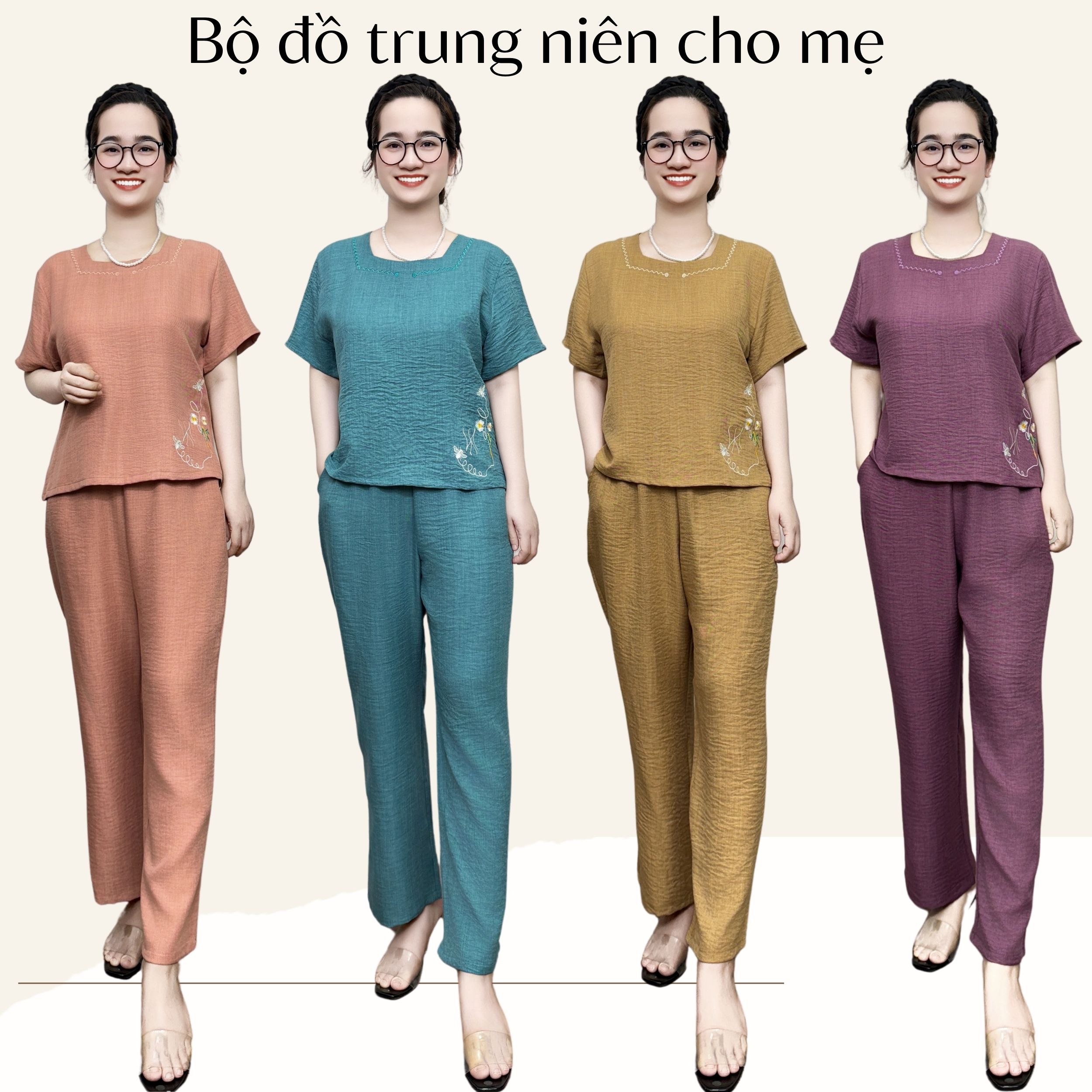Đồ bộ trung niên cho mẹ chính hãng SULA, bộ đũi hoạ tiết cao cấp tặng mẹ đi chơi ms761
