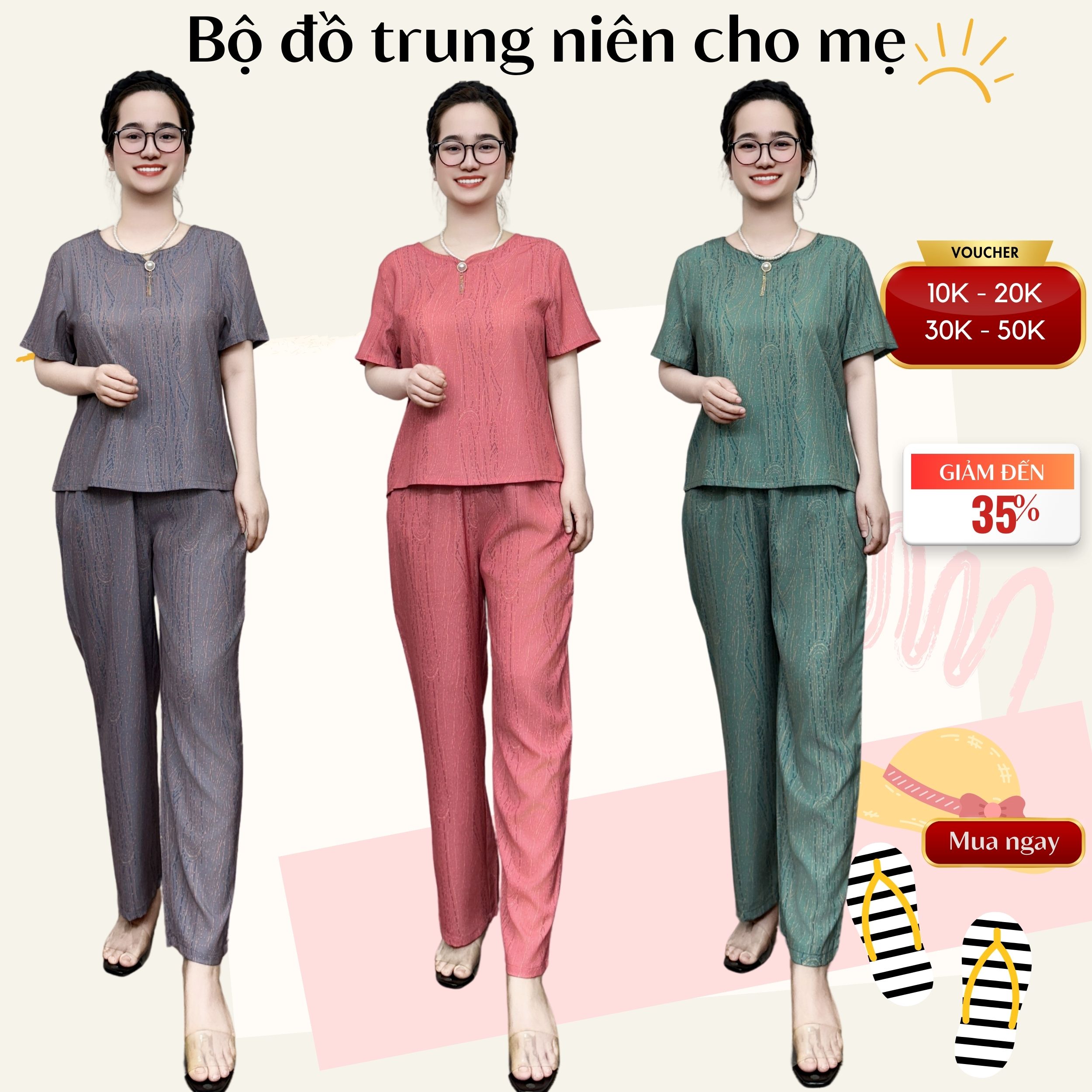 Bộ đồ nữ trung niên tặng mẹ đi chơi cao cấp, áo cộc quần dài họa tiết nhã nhặn, lụa tơ hàn ms758