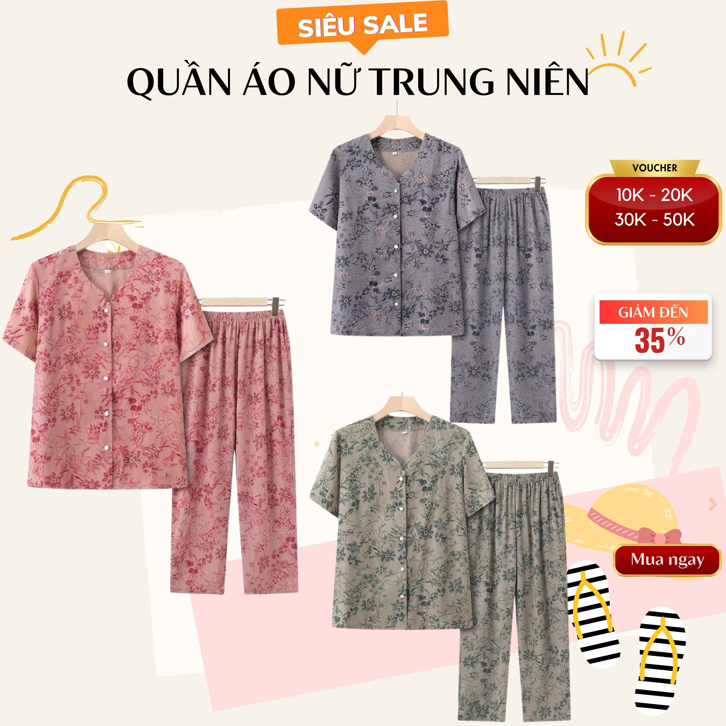 Đồ bộ trung niên cho mẹ cài cúc, đồ bộ cho mẹ chất đũi hoa mát chính hãng SULA cho mẹ ms764
