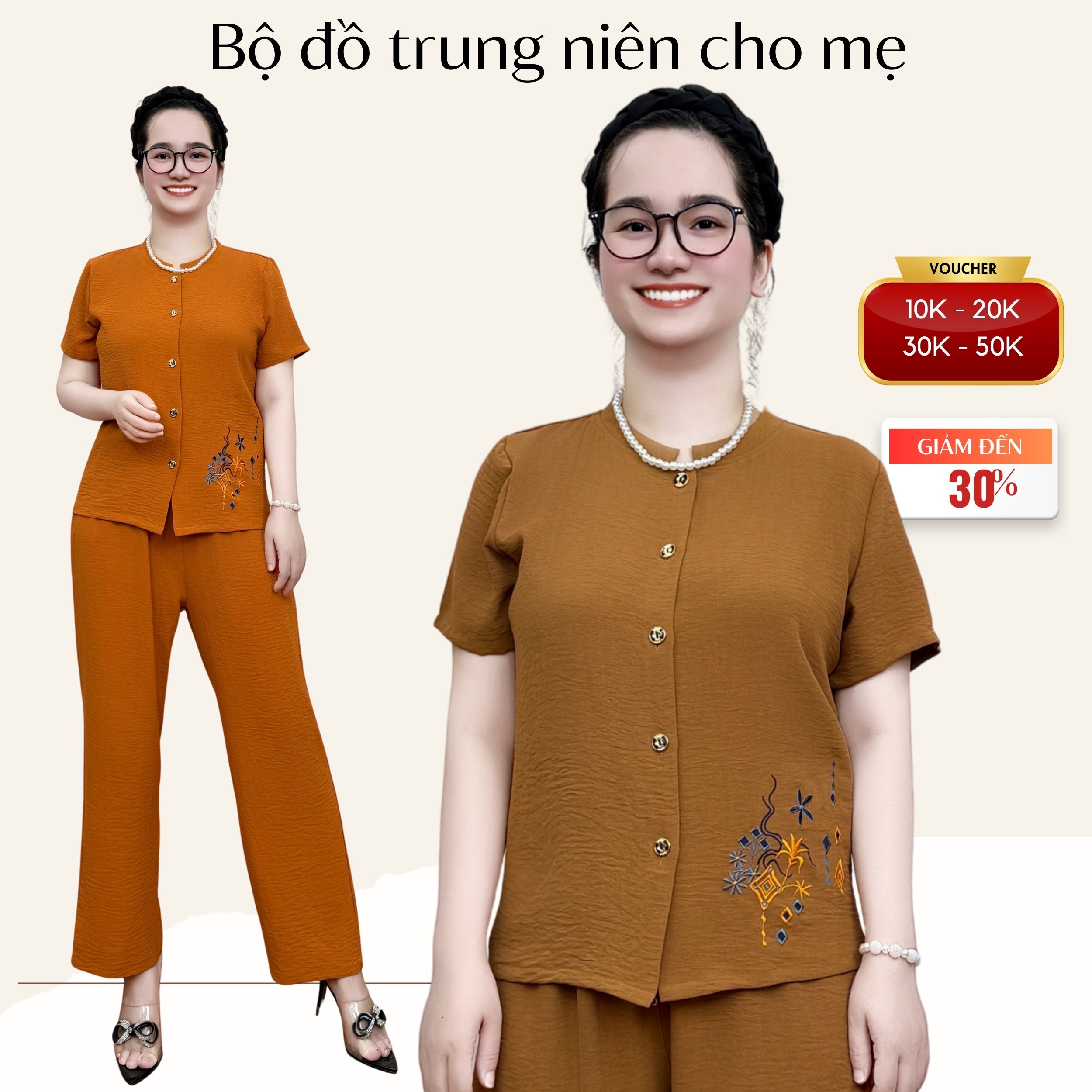 Đồ bộ trung niên cài cúc, bộ cài cúc chất đũi hoạ tiết tao nhã, thanh lịch tặng mẹ tặng bà ms771