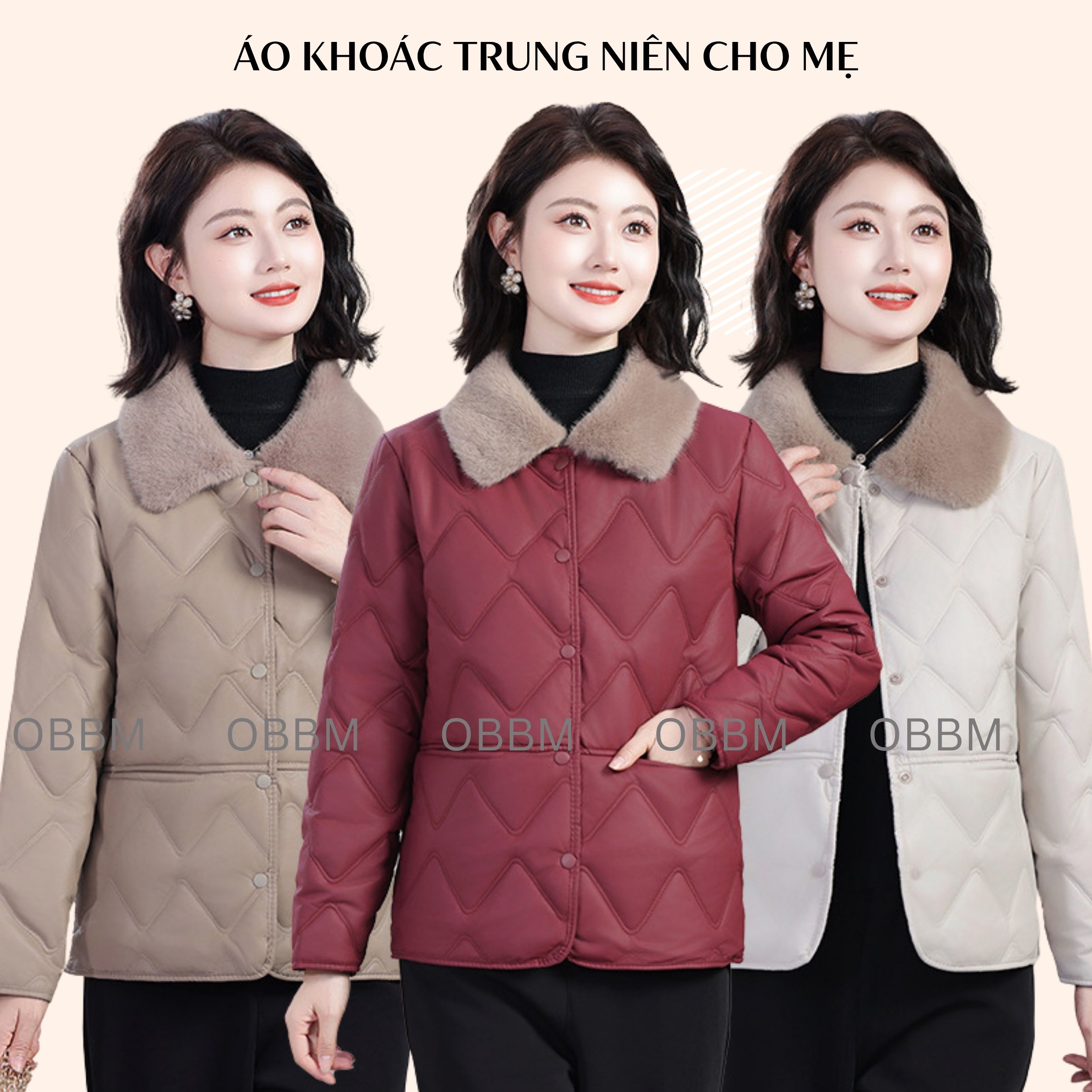 Áo khoác da nữ trung niên trần phao ấm áp, áo khoác mùa đông sang trọng cho mẹ ms813