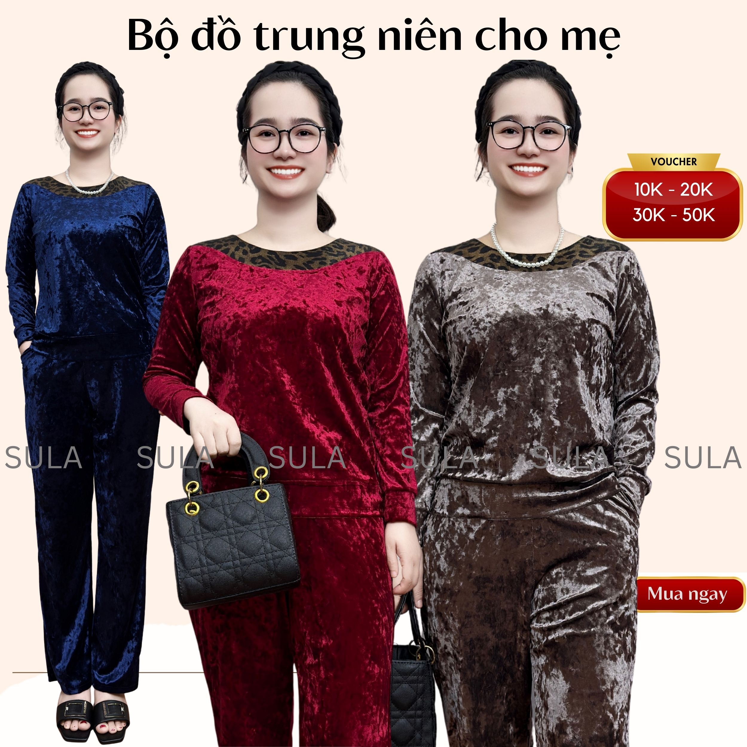 Bộ đồ trung niên cho mẹ, bộ đồ nhung tuyết chính hãng SULA sang trọng, thanh lịch ms902