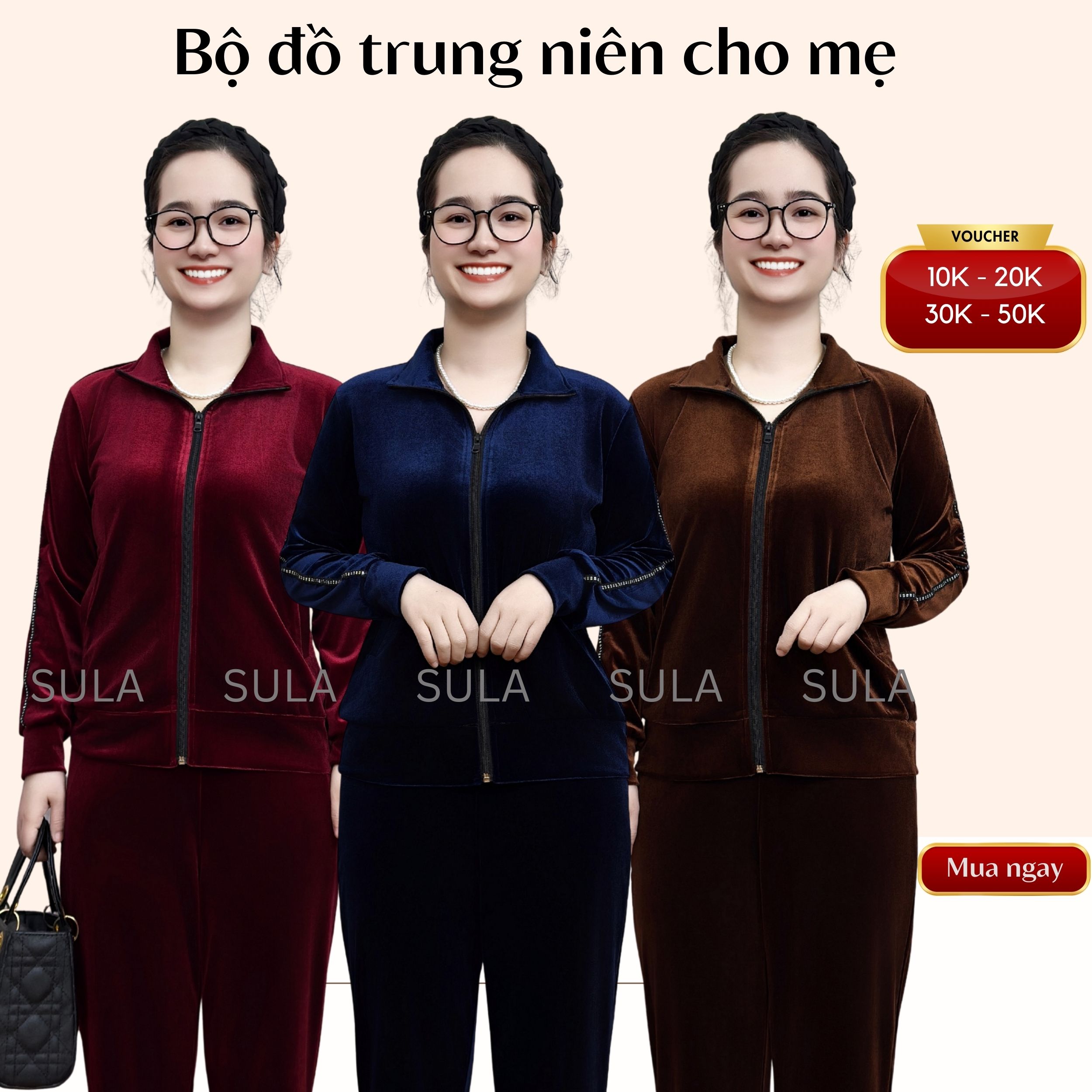 Bộ quần áo trung niên cho mẹ, bộ quần áo nhung tuyết kéo khoá chính hãng SULA sang trọng ms905